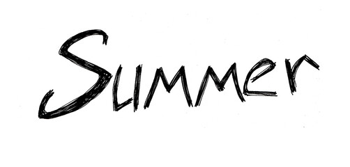 Lettering Summer in black. Isolated on white background. Written by hand. Chaotic rough curved font. Sharp corners. The lines are shaded with a pen.