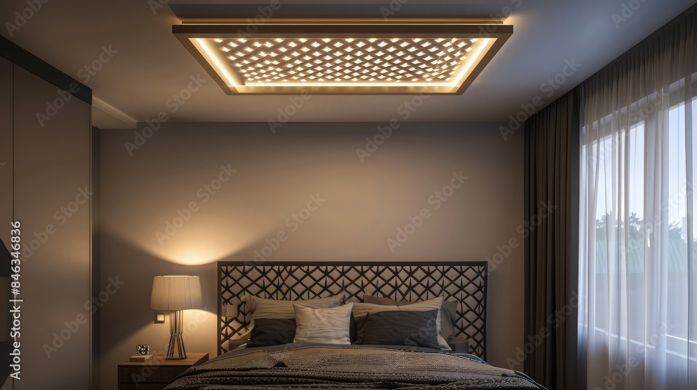 Poster a flush mount ceiling light with a geometric patterned frame and a diffused light panel, offering a 