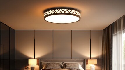 A flush mount ceiling light with a geometric patterned frame and a diffused light panel, offering a stylish and functional lighting solution for a guest bedroom.