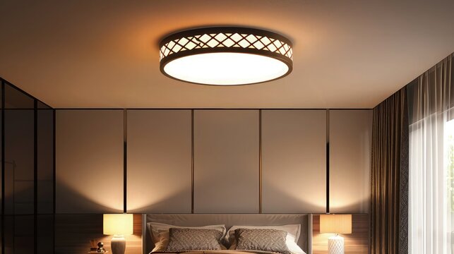 A flush mount ceiling light with a geometric patterned frame and a diffused light panel, offering a stylish and functional lighting solution for a guest bedroom.