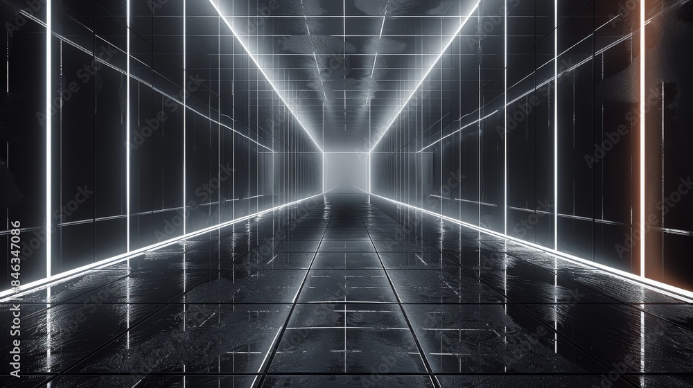 Poster Empty room with geometric shapes radiating from the center on all four walls. The floor is made of large tile, and the ceiling has straight lines that extend to the edges of the frame. Generative AI.
