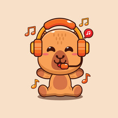 Cute capybara listening music with headphone cartoon vector illustration