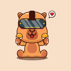 Cute capybara playing virtual reality cartoon vector illustration