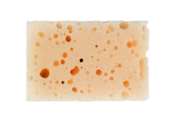 A close-up of a pale beige kitchen sponge with large, orange-colored holes. The sponge is isolated against a white background