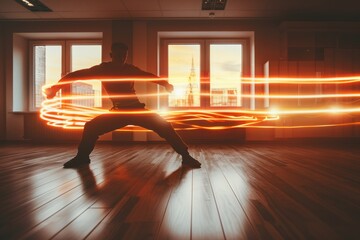 Dynamic dancer with orange neon light trails, capturing energetic movement and modern dance in a vibrant environment 