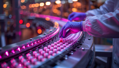 Pharmacist scientist with sanitary gloves examining medical vials on production line conveyor belt in pharmaceutical healthcare factory manufacturing prescription drugs medication mass productio