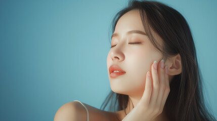 Young Asian woman with Korean makeup style, eyes closed, touching face. Copy space.