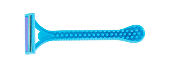 A single blue disposable razor with a rubber grip isolated on a white background