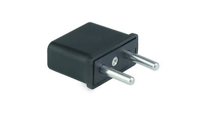 A black plastic travel plug adapter with two round pins