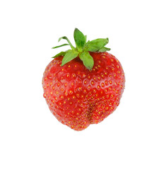 A single, ripe strawberry with green leaves is isolated on a white background