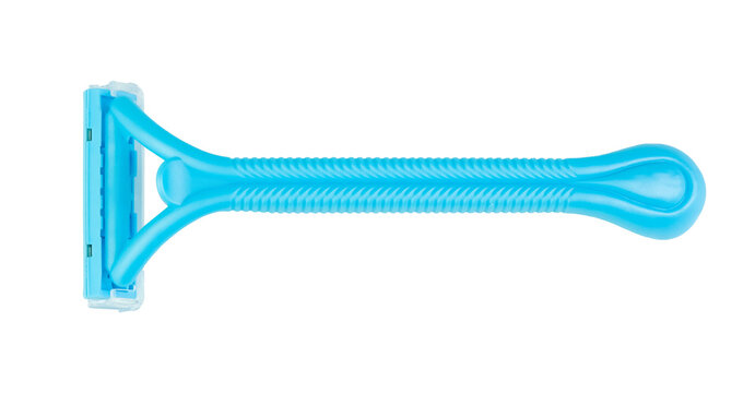 A blue disposable razor with a grip handle is shown on a white background