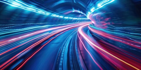 Produce a visually dynamic image depicting the dynamic evolution of technology through a blue background adorned with mesmerizing motion neon light trails.