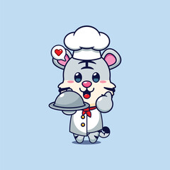 Cute chef white tiger with dish cartoon vector illustration