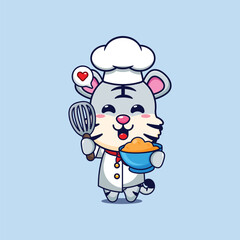 Cute chef white tiger making cake batter cartoon vector illustration