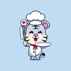 Cute chef white tiger with knife and plate cartoon vector illustration