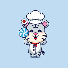 Cute chef white tiger holding candy cartoon vector illustration