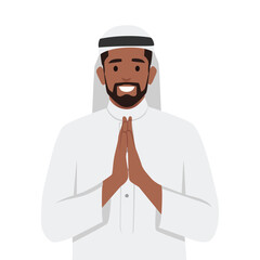 Young muslim man greeting salaam. Flat vector illustration isolated on white background