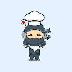 Cute chef ninja holding spoon and fork cartoon vector illustration