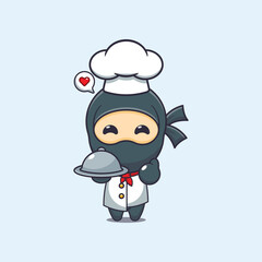 Cute chef ninja with dish cartoon vector illustration