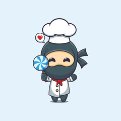 Cute chef ninja holding candy cartoon vector illustration