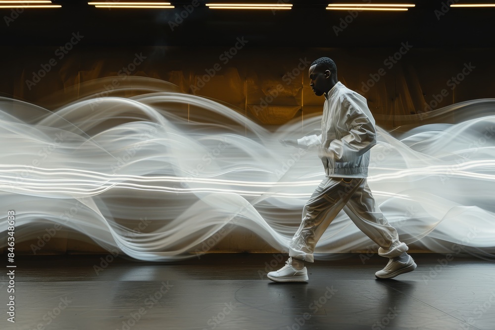 Poster futuristic figure in white with dynamic light trails, symbolizing speed and motion in a contemporary