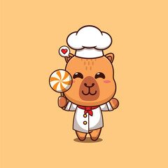 Cute chef capybara holding candy cartoon vector illustration