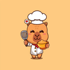 Cute chef capybara making cake batter cartoon vector illustration