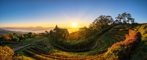 Tropical forest nature landscape view with mountain range sunrise at Huai Nam Dang National Park, Chiang Mai Thailand panorama