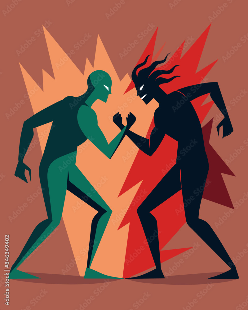 Poster two shadowy figures entangled in a fierce struggle representing the constant internal battle between