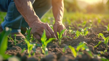 Fototapeta premium Farmer checks sprouts, agriculture, plantation