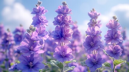  A cluster of heliotrope flowers with a backdrop of a clear blue sky and fluffy white clouds