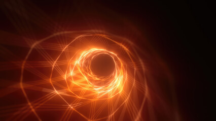 Abstract bright yellow glowing background with a tunnel of lines and stripes of energy of burning rays of plasma and electricity with light