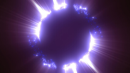 Blue swirling circle frame of multicolored lines of energy particles. Abstract background