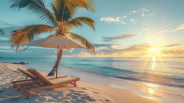 A beautiful tropical beach with two sunbeds and an umbrella on white sand under a palm tree at sunset, a summer vacation concept. Generative AI.