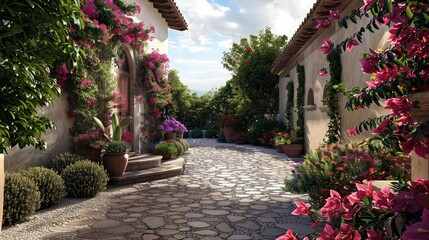 Fototapeta premium A picturesque Mediterranean stone pathway curves between whitewashed walls draped with vibrant pink bougainvillea flowers for travel promotion.
