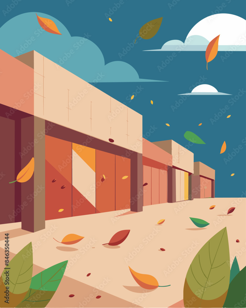 Poster the only movement in the vacant shopping center comes from the leaves rustling in the breeze.. vecto