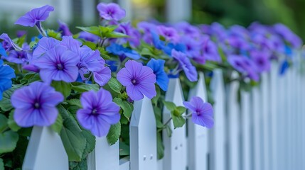  A vibrant heliotrope plant growing along a white picket fence