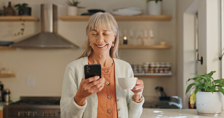 Home, coffee and senior woman with phone for online, communication and learning with beverage....