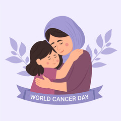 World cancer day. A girl hugs her mother who has cancer with love. Vector illustration isolated