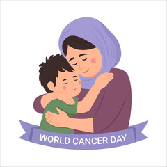 World cancer day. A boy hugs her mother who has cancer with love. Vector illustration isolated