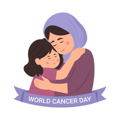 World cancer day. A girl hugs her mother who has cancer with love. Vector illustration isolated