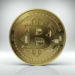 a golden Bitcoin in a white background, Cryptocurrency Bitcoin.