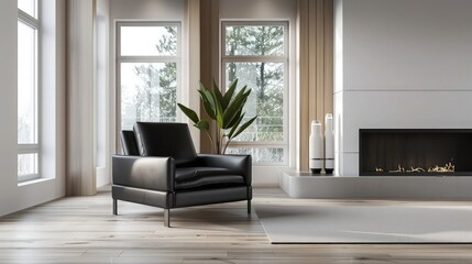 A minimalist living room showcasing a black leather armchair, a sleek modern fireplace, and large windows that flood the space with natural light. Scandinavian style interior. 3D illustration.