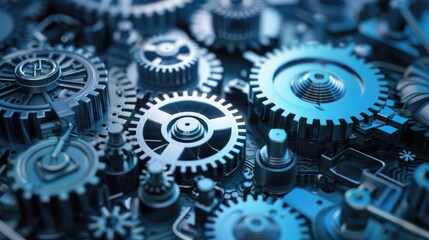 Close-up of Engineering and Technology interlocking gears and mechanical components