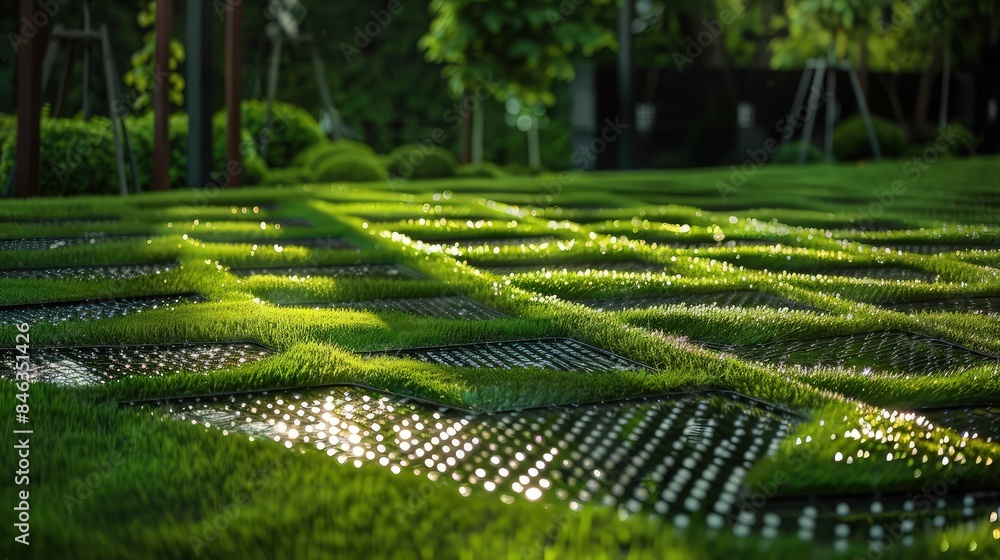 Poster a modern approach to a garden with laser-cut patterns in a lawn of fine grass, the dew creating a sh