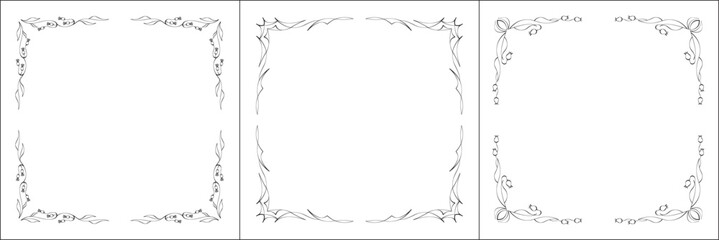 Set of three thin elegant black and white ornamental frame, decorative border, corners for greeting cards, banners, business cards, invitations, menus. Isolated vector illustration.	
