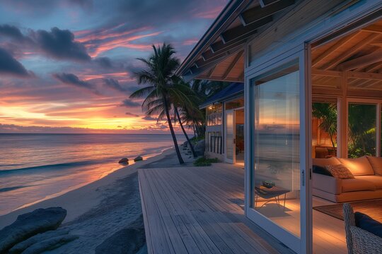 Beachfront Property, The exterior of a stunning beachfront property at sunset. The house features large glass doors opening onto a spacious deck with a view of the ocean. The scene includes palm trees