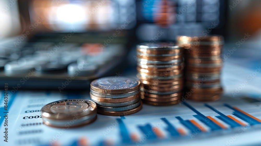 Poster stacks of coins and blue upward arrows on a blurred background with a calculator, depicting the conc