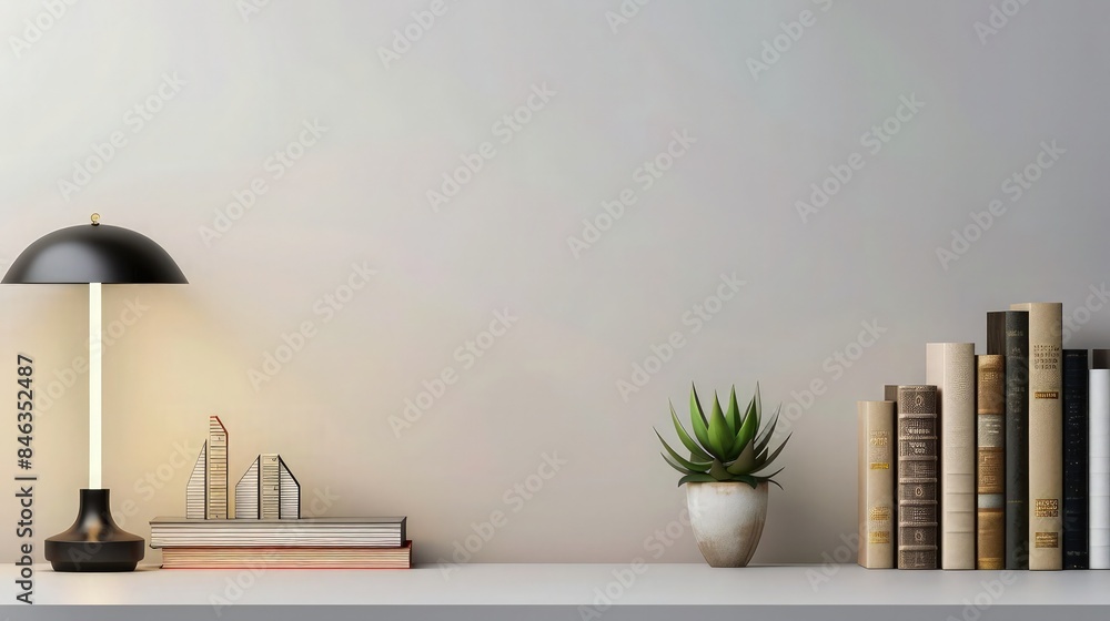 Poster a modern minimalist library setting with a neatly organized shelf showcasing a slim led lamp, assort
