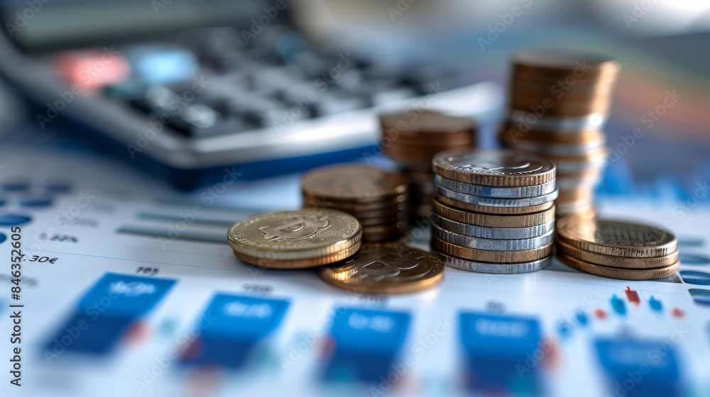 Poster stacks of coins and blue upward arrows on a blurred background with a calculator, depicting the conc